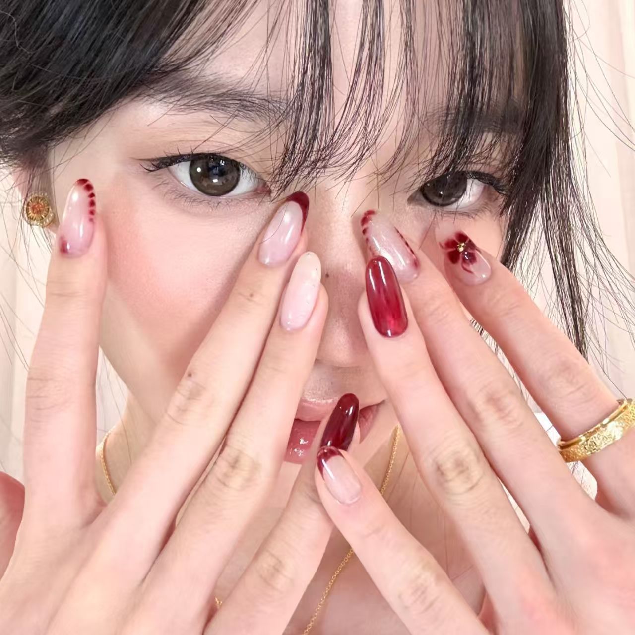 10pcs Handmade Oval Press On N - Nail Art Red Wine Cat Eye avis et prix